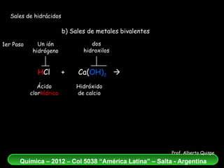 Sales de hidrácidos b) Sales de metales bivalentes H Cl  +  Ca( OH) 2      CaCl 2   +  H 2 O Ácido clor hídrico Hidróxido de calcio dos hidroxilos Un ión hidrógeno 1er Paso 