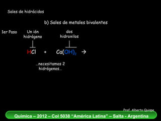 Sales de hidrácidos b) Sales de metales bivalentes H Cl  +  Ca( OH) 2      CaCl 2   +  H 2 O dos hidroxilos Un ión hidrógeno 1er Paso … necesitamos 2 hidrógenos… 