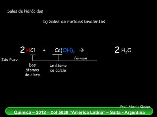 Sales de hidrácidos b) Sales de metales bivalentes H Cl  +  Ca( OH) 2      CaCl 2   +   H 2 O 2 2 Dos átomos de cloro Un átomo de calcio forman 2do Paso 