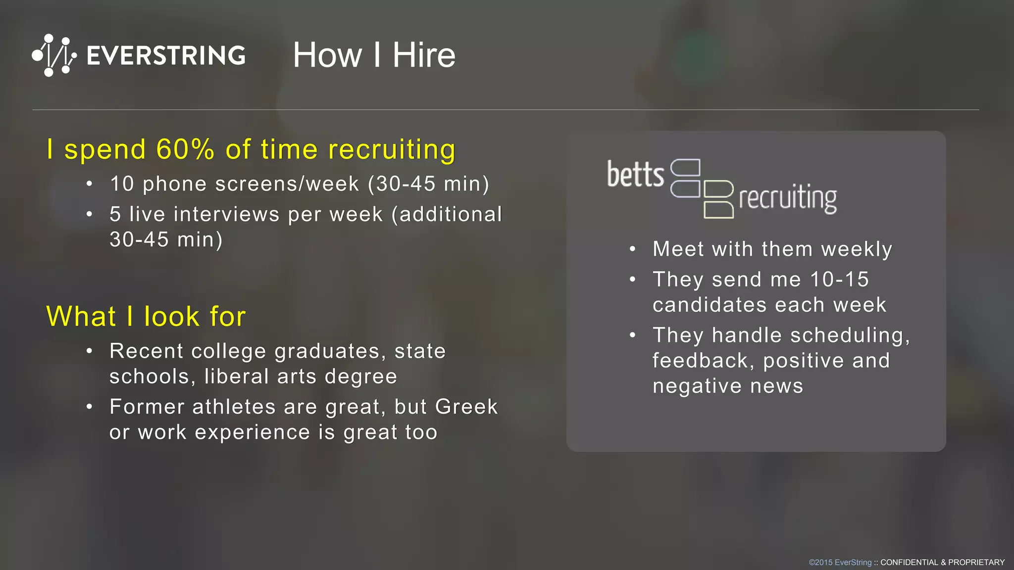 ©2015 EverString :: CONFIDENTIAL & PROPRIETARY
How I Hire
I spend 60% of time recruiting
• 10 phone screens/week (30-45 min)
• 5 live interviews per week (additional
30-45 min)
What I look for
• Recent college graduates, state
schools, liberal arts degree
• Former athletes are great, but Greek
or work experience is great too
• Meet with them weekly
• They send me 10-15
candidates each week
• They handle scheduling,
feedback, positive and
negative news
 