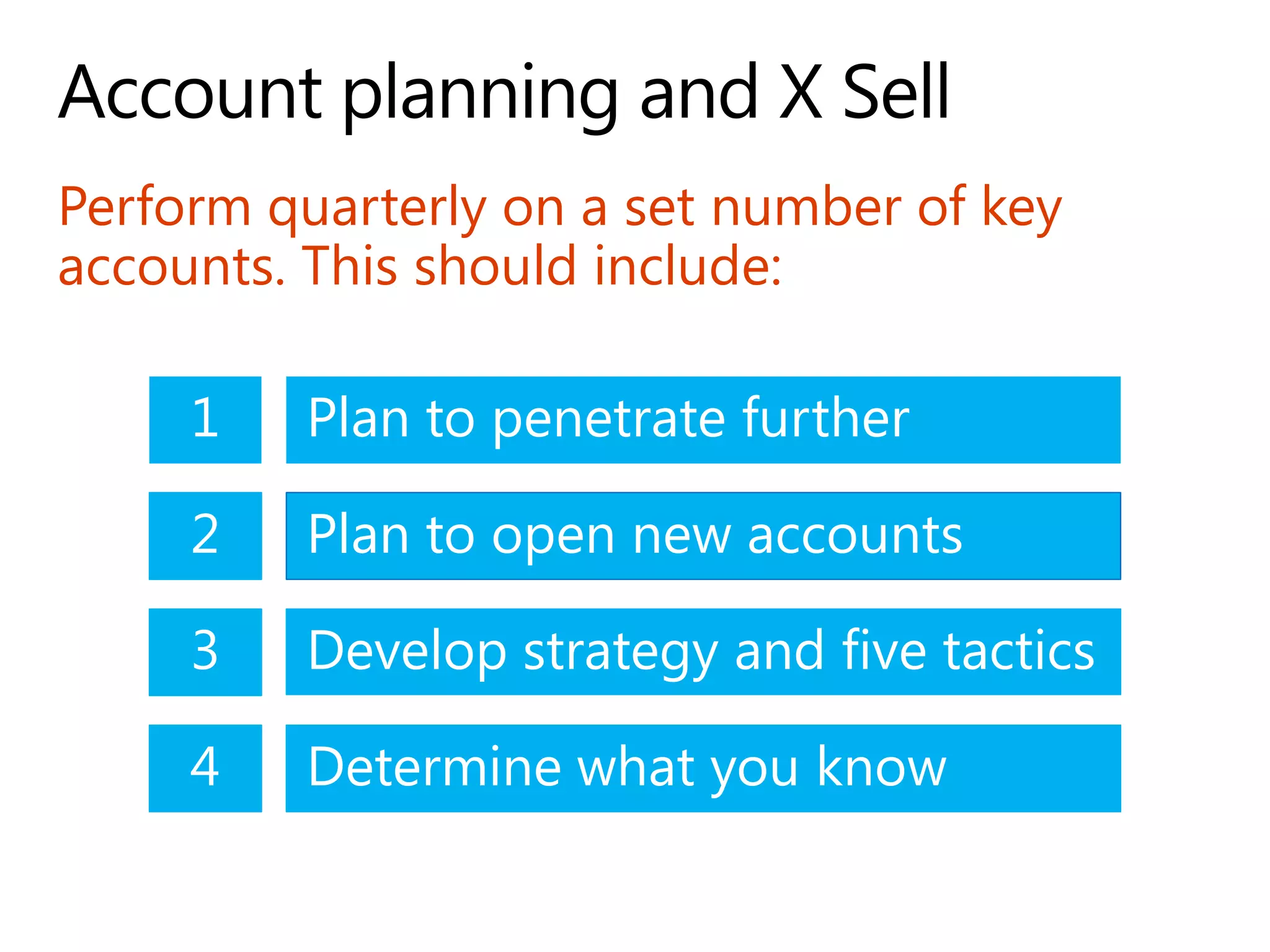 Perform quarterly on a set number of key
accounts. This should include:
Plan to open new accounts2
Develop strategy and five tactics3
Plan to penetrate further1
Determine what you know4
 