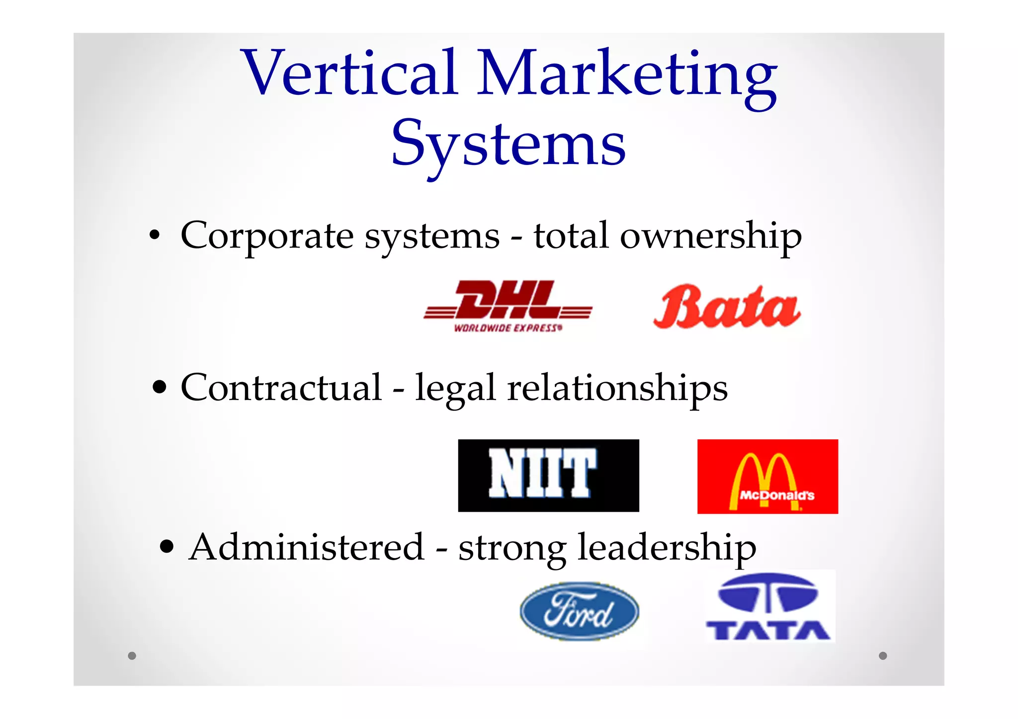 Vertical Marketing
          Systems
• Corporate systems - total ownership


• Contractual - legal relationships



• Administered - strong leadership
 