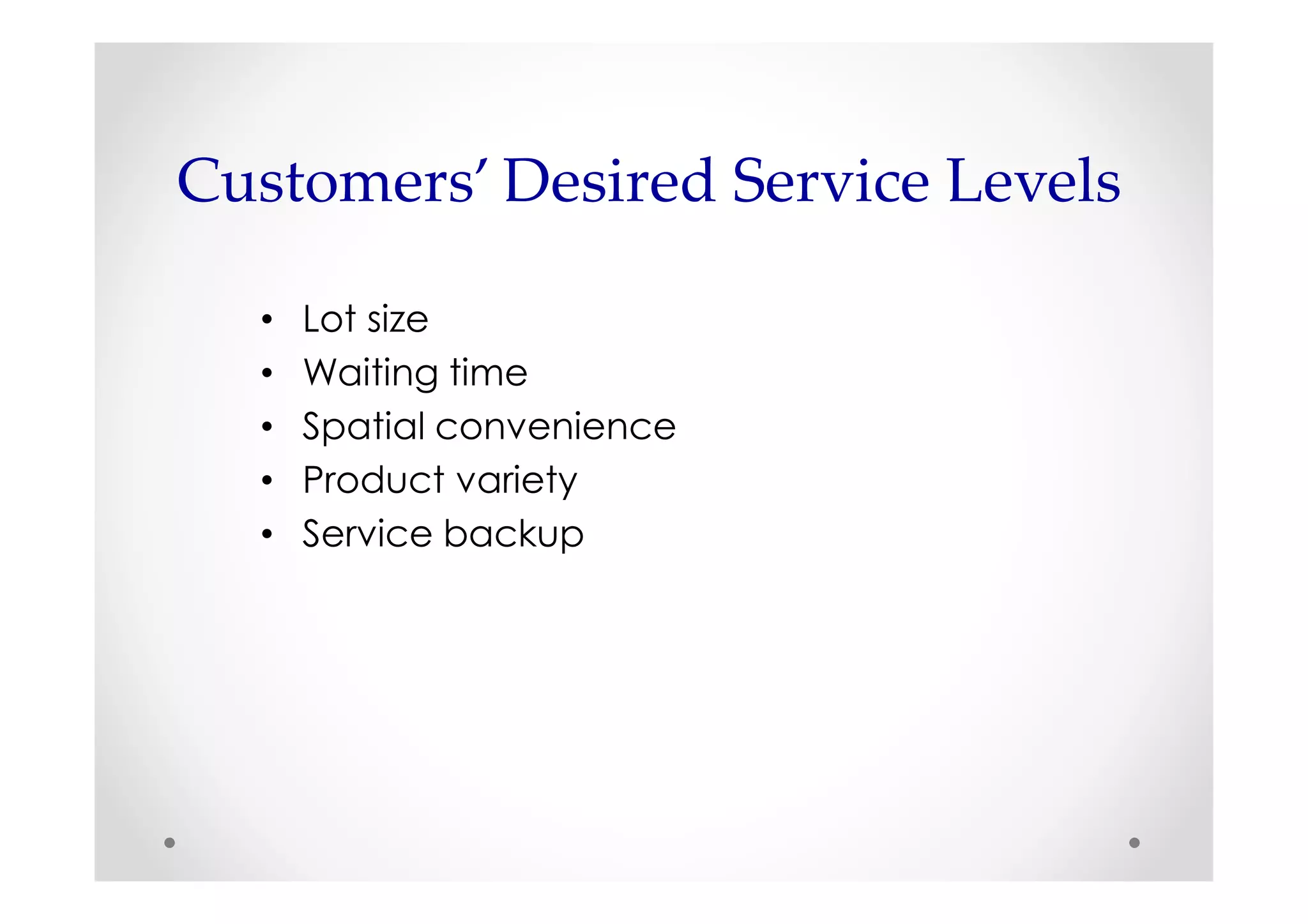Customers’ Desired Service Levels

  •   Lot size
  •   Waiting time
  •   Spatial convenience
  •   Product variety
  •   Service backup
 
