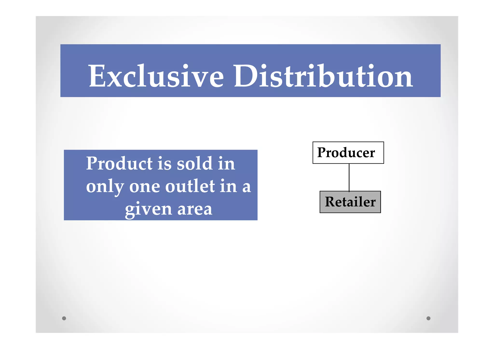 Exclusive Distribution

                       Producer
Product is sold in
only one outlet in a
                        Retailer
    given area
 