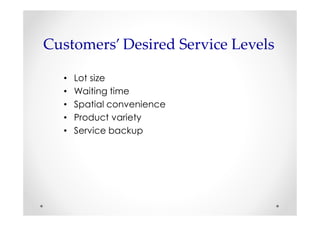 Customers’ Desired Service Levels

  •   Lot size
  •   Waiting time
  •   Spatial convenience
  •   Product variety
  •   Service backup
 