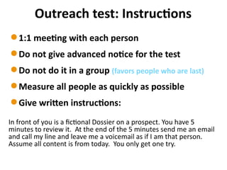 Outreach	
  test:	
  Instruc7ons
In	
  front	
  of	
  you	
  is	
  a	
  ﬁcOonal	
  Dossier	
  on	
  a	
  prospect.	
  You	
  have	
  5	
  
minutes	
  to	
  review	
  it.	
  	
  At	
  the	
  end	
  of	
  the	
  5	
  minutes	
  send	
  me	
  an	
  email	
  
and	
  call	
  my	
  line	
  and	
  leave	
  me	
  a	
  voicemail	
  as	
  if	
  I	
  am	
  that	
  person.	
  	
  
Assume	
  all	
  content	
  is	
  from	
  today.	
  	
  You	
  only	
  get	
  one	
  try.
1:1	
  mee7ng	
  with	
  each	
  person	
  
Do	
  not	
  give	
  advanced	
  no7ce	
  for	
  the	
  test	
  
Do	
  not	
  do	
  it	
  in	
  a	
  group	
  (favors	
  people	
  who	
  are	
  last)	
  
Measure	
  all	
  people	
  as	
  quickly	
  as	
  possible	
  	
  
Give	
  wriden	
  instruc7ons:
 