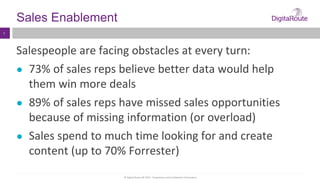 © Digital Route AB 2014 - Proprietary and Confidential Information
3
Sales Enablement
Salespeople are facing obstacles at every turn:
● 73% of sales reps believe better data would help
them win more deals
● 89% of sales reps have missed sales opportunities
because of missing information (or overload)
● Sales spend to much time looking for and create
content (up to 70% Forrester)
 