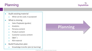 © Digital Route AB 2014 - Proprietary and Confidential Information
9
Planning
● Audit existing material
 What can be used, re purposed
● What is missing
 Sales Playbooks (guides)
 Analytics
 Persona content
 Product content
 Customer success content
 Q&A´s
 ROI material
● Build Production plan
 Knowledge transfer plan (e-learning)
Planning
 
