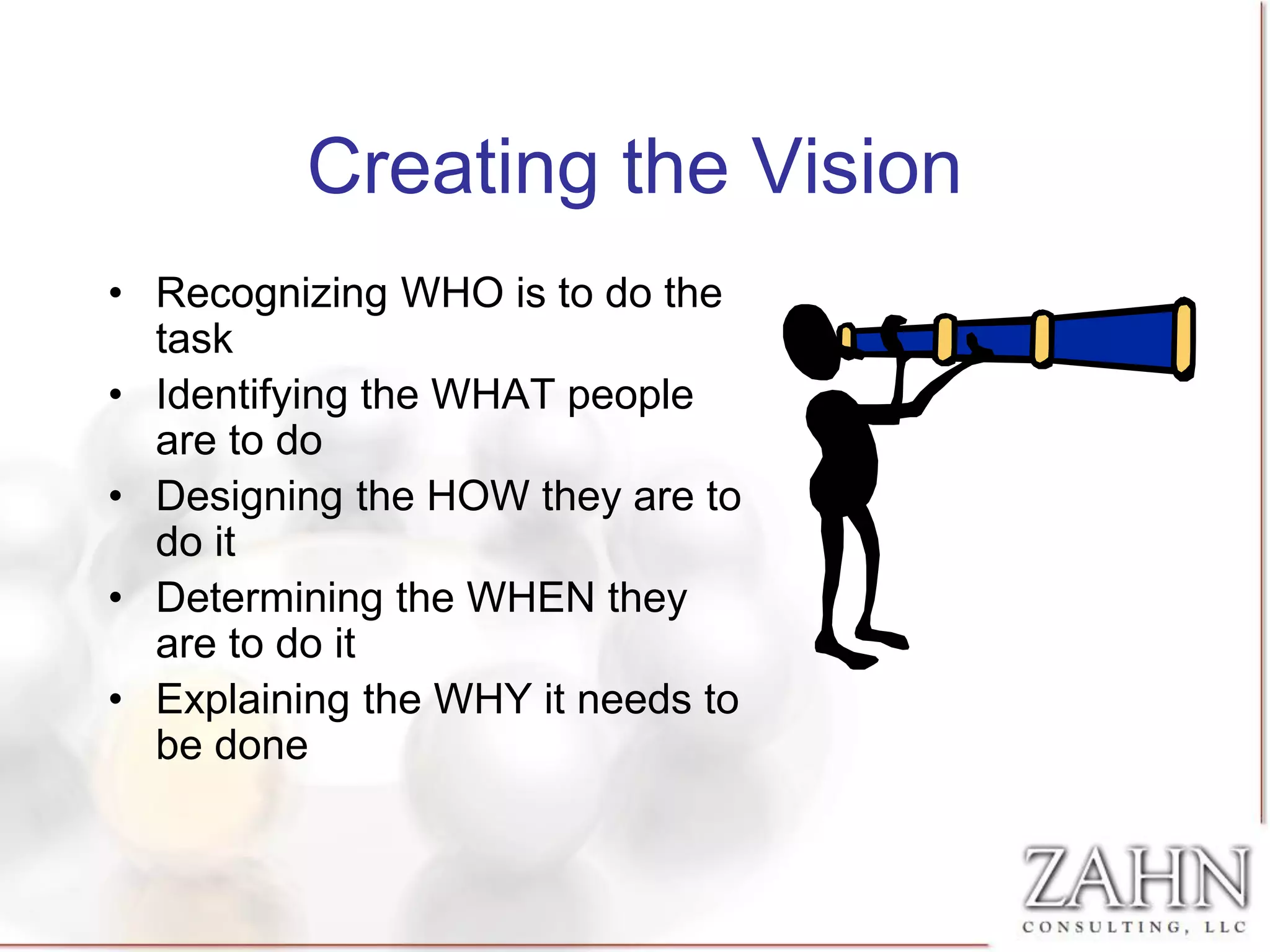 Creating the Vision
• Recognizing WHO is to do the
  task
• Identifying the WHAT people
  are to do
• Designing the HOW they are to
  do it
• Determining the WHEN they
  are to do it
• Explaining the WHY it needs to
  be done
 