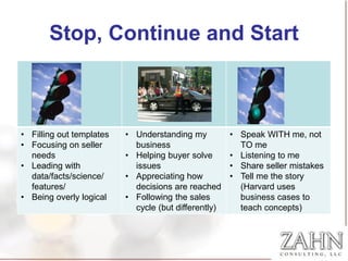 Stop, Continue and Start



• Filling out templates   • Understanding my          • Speak WITH me, not
• Focusing on seller        business                    TO me
  needs                   • Helping buyer solve       • Listening to me
• Leading with              issues                    • Share seller mistakes
  data/facts/science/     • Appreciating how          • Tell me the story
  features/                 decisions are reached       (Harvard uses
• Being overly logical    • Following the sales         business cases to
                            cycle (but differently)     teach concepts)
 