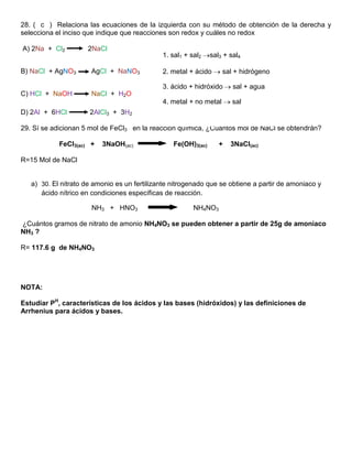 28. ( c ) Relaciona las ecuaciones de la izquierda con su método de obtención de la derecha y
selecciona el inciso que indique que reacciones son redox y cuáles no redox

A) 2Na + Cl2         2NaCl
                                              1. sal1 + sal2    sal3 + sal4

B) NaCl + AgNO3       AgCl + NaNO3            2. metal + ácido      sal + hidrógeno

                                              3. ácido + hidróxido      sal + agua
C) HCl + NaOH         NaCl + H2O
                                              4. metal + no metal       sal
D) 2Al + 6HCl         2AlCl3 + 3H2

29. Sí se adicionan 5 mol de FeCl3 en la reacción química, ¿Cuántos mol de NaCl se obtendrán?

            FeCl3(ac) +   3NaOH(ac)               Fe(OH)3(ac)      +   3NaCl(ac)

R=15 Mol de NaCl


   a) 30. El nitrato de amonio es un fertilizante nitrogenado que se obtiene a partir de amoniaco y
      ácido nítrico en condiciones específicas de reacción.

                       NH3 + HNO3                        NH4NO3

¿Cuántos gramos de nitrato de amonio NH4NO3 se pueden obtener a partir de 25g de amoniaco
NH3 ?

R= 117.6 g de NH4NO3




NOTA:

Estudiar PH, características de los ácidos y las bases (hidróxidos) y las definiciones de
Arrhenius para ácidos y bases.
 