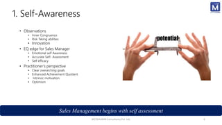 1. Self-Awareness
• Observations
• Inner Congruence
• Risk Taking abilities
• Innovation
• EQ edge for Sales Manager
• Emotional self Awareness
• Accurate Self- Assessment
• Self efficacy
• Practitioner’s perspective
• Clear overarching goals
• Enhanced Achievement Quotient
• Intrinsic motivation
• Optimism
METAHUMIN Consultancy Pvt. Ltd. 6
Sales Management begins with self assessment
 