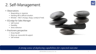 2. Self-Management
• Observations
• Responding vs. response
• Standing tall in difficult situation
• Mindset - HALT ( Hungry, Angry, Lonely & Tired)
• EQ edge for Sales Manager
• Self Control
• Flexibility
• Stress tolerance
• Practioners perspective
• Know thyself
• Brace-up, resourceful & support
• Self renewal
METAHUMIN Consultancy Pvt. Ltd. 7
A strong sense of deploying capabilities for expected outcome
 