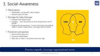 3. Social-Awareness
• Observations
• Stakeholder cost-benefit, value analysis
• Overall impact of Sales
• EQ edge for Sales Manager
• Interpersonal relationships
• Empathy : Learn & practise to work along diverse set of
people
• Organizational awareness : Current of emotions & political
realty in a given organization. Leverage value & culture.
• Practioners perspective
• Demonstrate early wins
• Outsmart stakeholders
• Seek best in other’s. Set performance bar high
METAHUMIN Consultancy Pvt. Ltd. 8
Practise empathy. Leverage organizational assets.
 