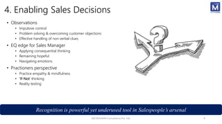 4. Enabling Sales Decisions
• Observations
• Impulsive control
• Problem solving & overcoming customer objections
• Effective handling of non verbal clues
• EQ edge for Sales Manager
• Applying consequential thinking
• Remaining hopeful
• Navigating emotions
• Practioners perspective
• Practice empathy & mindfulness
• ‘If-Not’ thinking
• Reality testing
METAHUMIN Consultancy Pvt. Ltd. 9
Recognition is powerful yet underused tool in Salespeople’s arsenal
 