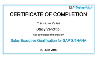 CERTIFICATE OF COMPLETION
This is to certify that
Stacy Venditto
has completed the program
Sales Executive Qualification for SAP S/4HANA
23  June 2016
 