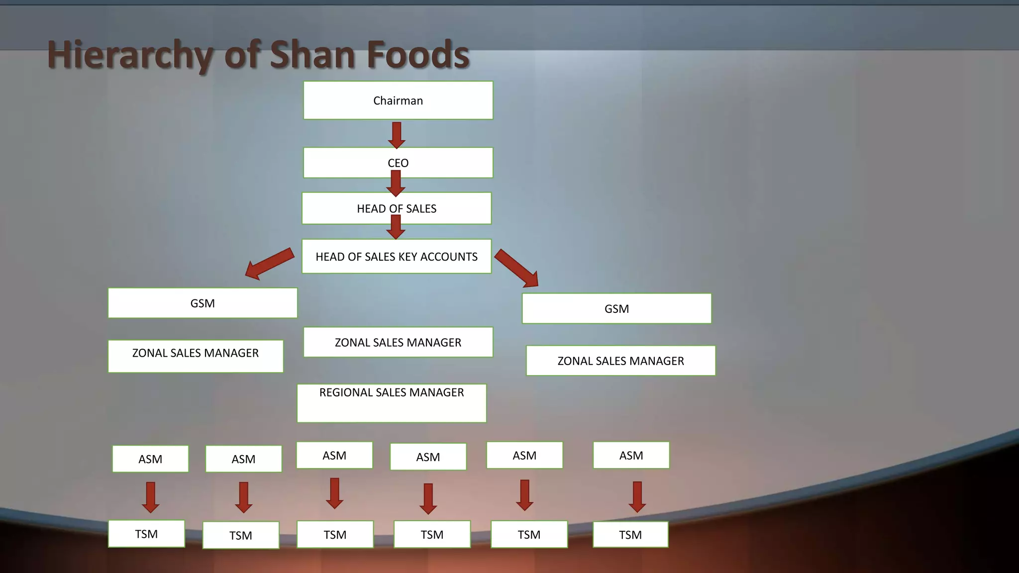 Hierarchy of Shan Foods
Chairman
CEO
HEAD OF SALES
HEAD OF SALES KEY ACCOUNTS
GSM GSM
REGIONAL SALES MANAGER
ASM
ZONAL SALES MANAGER
ZONAL SALES MANAGER
ZONAL SALES MANAGER
ASM ASM ASM ASMASM
TSM TSM TSM TSM TSM TSM
 