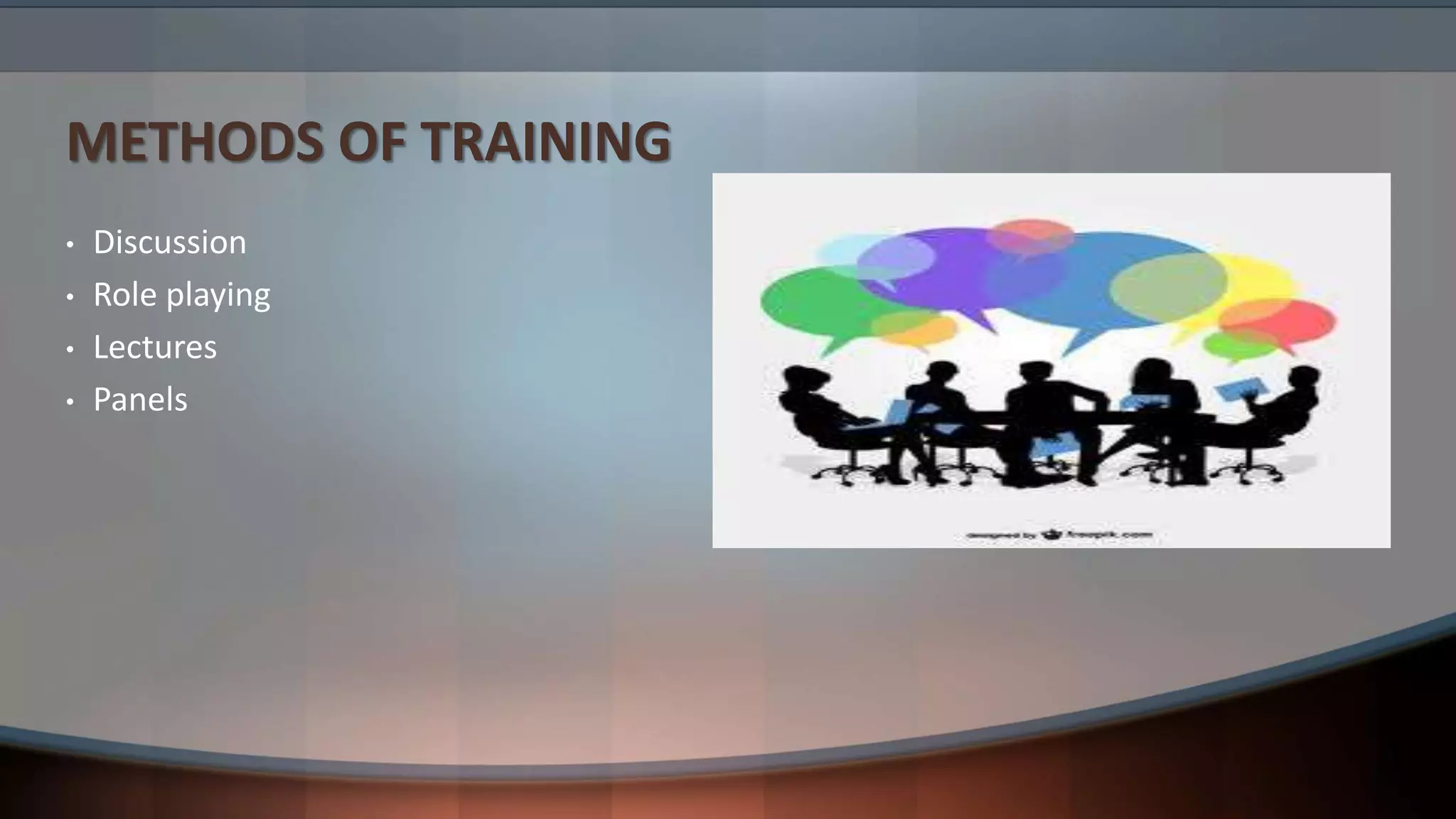 METHODS OF TRAINING
• Discussion
• Role playing
• Lectures
• Panels
 