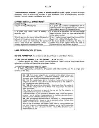 SALES
Test to Determine whether a Contract is A contract of Sale or An Option. Whether or not the
agreement could be specifically enforced. If such stipulation could be independently enforced
from the contract, then such stipulation is an option.
EARNEST MONEY vs. OPTION MONEY
Earnest Money Option Money
It is part of the purchase price It is given as a distinct consideration for an
option contract which gives the buyer a specific
period within which to purchase the thing
It is given only when there is already a
perfected sale
It is given at a time when the sale had not yet
been perfected. What had been perfected only
is the option contract
When it is given, the buyer is bound to pay the
balance of the agreed purchase price
Even if option money is paid by the would-be-
buyer he is not bound to buy the thing
If the sale does not materialize, the earnest
money paid must be returned, unless a
contrary agreement had been stipulated
If the buyer decides not to buy the thing, he
cannot recover the option money he paid as
consideration for the contract of option
LOSS, DETERIORATION OF THING
BEFORE PERFECTION. No contract to talk about. Would-be-seller bears the loss.
AT THE TIME OF PERFECTION OF CONTRACT OF SALE—1493
*contract without any effect: it never came to existence. Tthere could be no contract of sale
without a thing to be sold. Would-be-seller bears the loss.
AFTER PERFECTION BEFORE DELIVERY.
I. 1480 Applicability, correlate to: (Fungibles sold independently and for a single price
covered by the law)
5
Art. 1163. Every person obliged to give something is also obliged to take care
of it with the proper diligence of a good father of a family, unless the law or the
stipulation of the parties requires another standard of care
Art. 1164. The creditor has a right to the fruits of the thing from the time the
obligation to deliver it arises. However, he shall acquire no real right over it
until the same has been delivered to him.
Art. 1165. When what is to be delivered is a determinate thing, the creditor, in
addition to the right granted him by Article 1170, may compel the debtor to
make the delivery.
If the thing is indeterminate or generic, he may ask that the obligation be
complied with at the expense of the debtor.
If the obligor delays, or has promised to deliver the same thing to two or more
persons who do not have the same interest, he shall be responsible for any
fortuitous event until he has effected the delivery
Art. 1262. An obligation which consists in the delivery of a determinate thing
shall be extinguished if it should be lost or destroyed without the fault of the
debtor, and before he has incurred in delay.
When by law or stipulation, the obligor is liable even for fortuitous events, the
loss of the thing does not extinguish the obligation, and he shall be responsible
for damages. The same rule applies when the nature of the obligation requires
the assumption of risk.
 