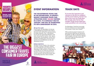 THEBIGGEST
CONSUMERTRAVEL
FAIRINEUROPE
TRAVEL FAIR
THE NETHERLANDS
JANUARY 2018
FACTS &
FIGURES.
The Vakantiebeurs Trade Days bring people
from the worldwide tourism industry together.
To do business, to learn and to network.
With an extensive program of sessions and
panel discussions featuring with international
key-speakers we offer an inspirational environ-
ment for people in the travel industry. Members
of the Travel Trade have free access to the
Trade Days of the event.
To increase the importance and
relevance of the fair for exhibitors
and the travel industry, the first two
days of the event are Trade Days.
We strongly value the fact that
members of the tourist trade have
ample possibility to do networking.
TRADE DAYS
All over the world
Over the years, the Vakantiebeurs has become
a well-established and important event, both for
the tourism sector itself and for consumers looking
for holiday inspiration. Over 1100 exhibitors
from all over the world present themselves at the
event, showcasing their countries, cities, regions,
national parks, accommodations, airlines, tourist
attractions and theme parks. Of course, the tour
operators from the Netherlands are also well
represented at the fair.
Unique experience
The event’s success is based on the combination
of 4 pillars: Inspiration, Information, Entertain-
ment and Worldwide Culinary Experiences. The
Vakantiebeurs offers exhibitors a unique event, as
it is the ideal mix of a trade and consumer fair.
Nowhere in Europe do you experience such a
massive interaction with the end-consumer, learn-
ing everything about their needs and desires.
EVENT INFORMATION
THE VAKANTIEBEURS TRAVEL FAIR
IN THE NETHERLANDS, IS EUROPE’S
BIGGEST CONSUMER TRAVEL FAIR,
ATTRACTING OVER 108.000 VISITORS
IN 6 DAYS. IT IS ANNUALLY HELD IN
JANUARY, AND WILL BE CELEBRATING
ITS 48TH ANNIVERSARY IN 2018.
18,418
INTERNATIONAL
TRADE VISITORS
TRAVEL FAIR
THE NETHERLANDS
JANUARY 2018
108.779
CONSUMER VISITORS
 