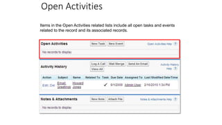 Open Activities
Items in the Open Activities related lists include all open tasks and events
related to the record and its associated records.
 