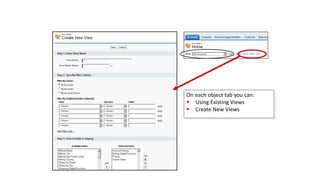 On each object tab you can:
 Using Existing Views
 Create New Views
Viewing & Creating List Views
 