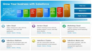 Salesforce 
Salesforce.com is SaaS company that distributes business software on a 
subscription basis. 
Customer Relationship Management (CRM) products. 
Ranked 27 in Fortune's 100 Best Companies to Work For in 2012. 
Founded 1999 
Founder(s) Marc Benioff (Chairman & CEO), Parker Harris 
Headquarters The Landmark, San Francisco, California, USA 
Services Cloud computing, Social enterprise solutions 
 