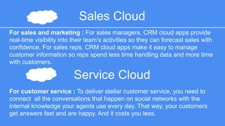 Sales Cloud 
For sales and marketing : For sales managers, CRM cloud apps provide real-time 
visibility into their team’s activities so they can forecast sales with confidence. For 
sales reps, CRM cloud apps make it easy to manage customer information so reps 
spend less time handling data and more time with customers. 
Service Cloud 
For customer service : To deliver stellar customer service, you need to connect 
all the conversations that happen on social networks with the internal 
knowledge your agents use every day. That way, your customers get answers 
fast and are happy. And it costs you less. 
 