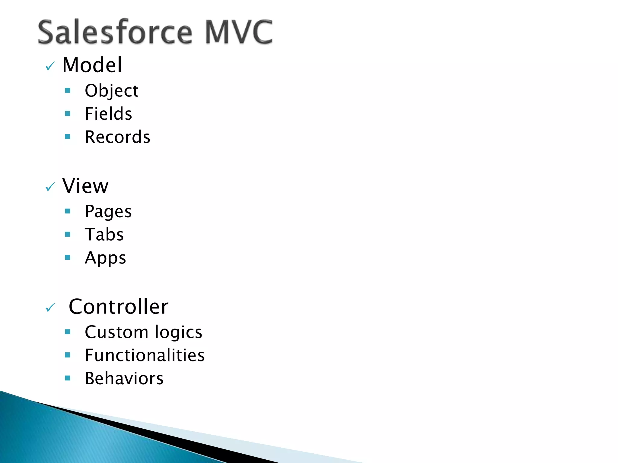  Model
 Object
 Fields
 Records
 View
 Pages
 Tabs
 Apps
 Controller
 Custom logics
 Functionalities
 Behaviors
 