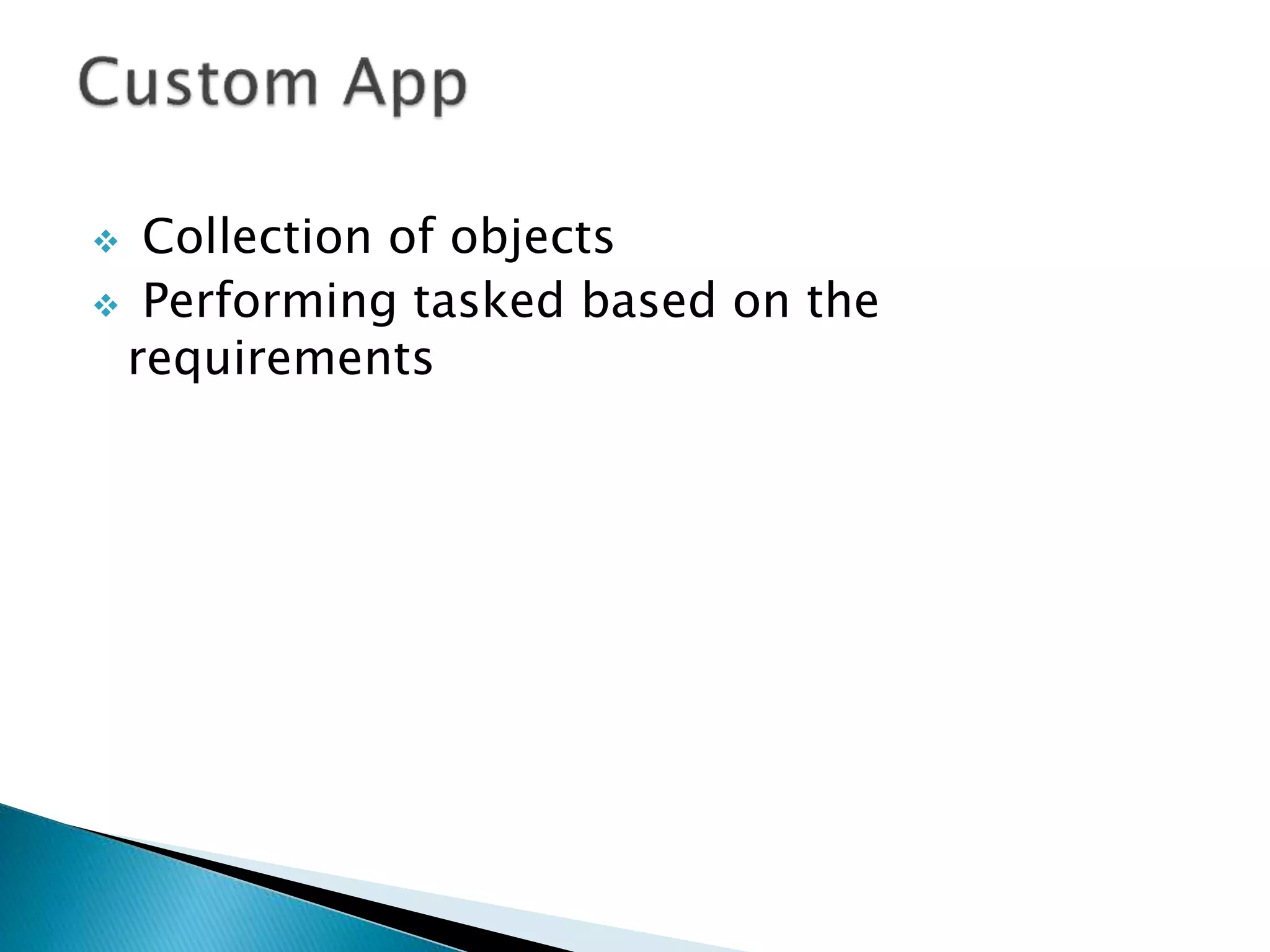  Collection of objects
 Performing tasked based on the
requirements
 