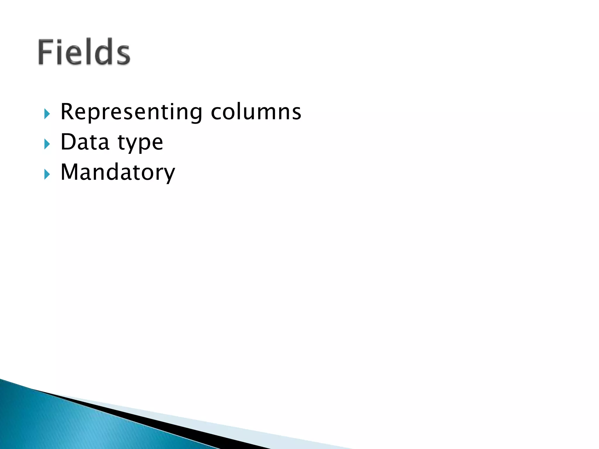  Representing columns
 Data type
 Mandatory
 