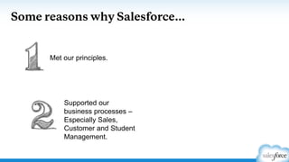 Some reasons why Salesforce…
Supported our
business processes –
Especially Sales,
Customer and Student
Management.
Met our principles.
 