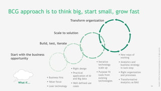 14
Copyright©2018byTheBostonConsultingGroup,Inc.Allrightsreserved.
BCG approach is to think big, start small, grow fast
What if...
Start with the business
opportunity
Build, test, iterate
Scale to solution
Transform organization
§  Business first
§  Value focus
§  Lean technology
§  Right design
§  Practical
application of AI
and Big data
§  Well defined use
cases
§  Iterative
technology
scale up
§  Purpose fit
tools from
existing
technologies
§  New ways of
working
§  Analytics and
business strategy
in lock-step
§  Right organization
and processes
§  Transformative
Analytics as BAU
 