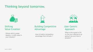 7
Copyright©2018byTheBostonConsultingGroup,Inc.Allrightsreserved.
Thinking beyond tomorrow.
Shifting
Value Creation
Building Competitive
Advantage
User Centric
Approach
Where will AI create,
destroy, or shift value in
your industry?
How to build a competitive
advantage from AI tools ?
What is the impact of AI
on the your offering to yp
going to be and how to
prepare?
Source: AI@BCG
 