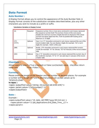 Data Format
Auto Number :
A Display Format allows you to control the appearance of the Auto Number field. A
Display Format consists of the substitution variables described below, plus any other
characters you wish to include as a prefix or suffix.
Checkbox :
Allows users to select a True (checked) or False (unchecked) value. checkbox return
value only (True / False ).
Currency :
Please enter the length of the number and the number of decimal places. For example
a number with a length of 7 and 4 decimal places can accept values up to
"8745125.2548".
In Apex :
<apex: outputText value="string: {0,number,$#,###.##}">
<apex: param value="{!anynumber}" />
</apex:outputText>
Date :
Example :
<apex:outputText value="{0, date, dd'/'MM'/'yyyy HH:mm:ss} >
<apex:param value="{! Job_Applications.End_Date_Time__c}">
</apex:param>
www.bispsolutions.com www.bisptrainigs.com www.hyperionguru.com
Page 23
 