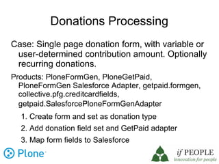 Donations Processing
Case: Single page donation form, with variable or
 user-determined contribution amount. Optionally
 recurring donations.
Products: PloneFormGen, PloneGetPaid,
  PloneFormGen Salesforce Adapter, getpaid.formgen,
  collective.pfg.creditcardfields,
  getpaid.SalesforcePloneFormGenAdapter
  1. Create form and set as donation type
  2. Add donation field set and GetPaid adapter
  3. Map form fields to Salesforce
 