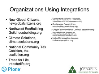 Organizations Using Integrations
                               Center for Economic Progress,

    New Global Citizens,     

                               volunteer.economicprogress.org
    newglobalcitizens.org     Sustainable Connections,

                               sustainableconnections.org

    Northwest EcoBuilding     Oregon Environmental Council, oeconline.org
    Guild, ecobuilding.org    New Mexico Consortium,

                               newmexicoconsortium.org

    Climate Solutions,          Idaho Conservation League,
                                 idahoconservation.org
    climatesolutions.org

    National Community Tax
    Coalition, tax-
    coaliution.org

    Trees for Life,
    treesforlife.org
 