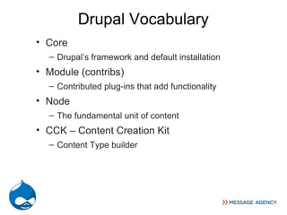 Drupal Vocabulary
• Core
  – Drupal’s framework and default installation
• Module (contribs)
  – Contributed plug-ins that add functionality
• Node
  – The fundamental unit of content
• CCK – Content Creation Kit
  – Content Type builder
 