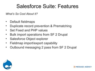 Salesforce Suite: Features
What’s So Cool About It?

•   Default fieldmaps
•   Duplicate record prevention & Prematching
•   Set Fixed and PHP values
•   Bulk import operations from SF 2 Drupal
•   Salesforce Object explorer
•   Fieldmap import/export capability
•   Outbound messaging 2 pass from SF 2 Drupal
 