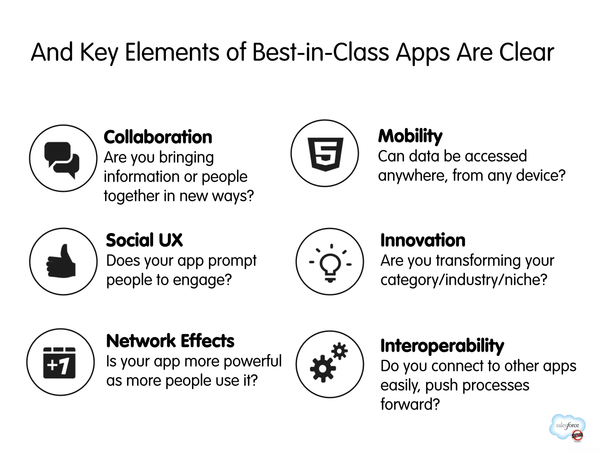 And Key Elements of Best-in-Class Apps Are Clear


      Collaboration               Mobility
      Are you bringing            Can data be accessed
      information or people       anywhere, from any device?
      together in new ways?

      Social UX                   Innovation
      Does your app prompt        Are you transforming your
      people to engage?           category/industry/niche?


      Network Effects             Interoperability
      Is your app more powerful   Do you connect to other apps
      as more people use it?      easily, push processes
                                  forward?
 