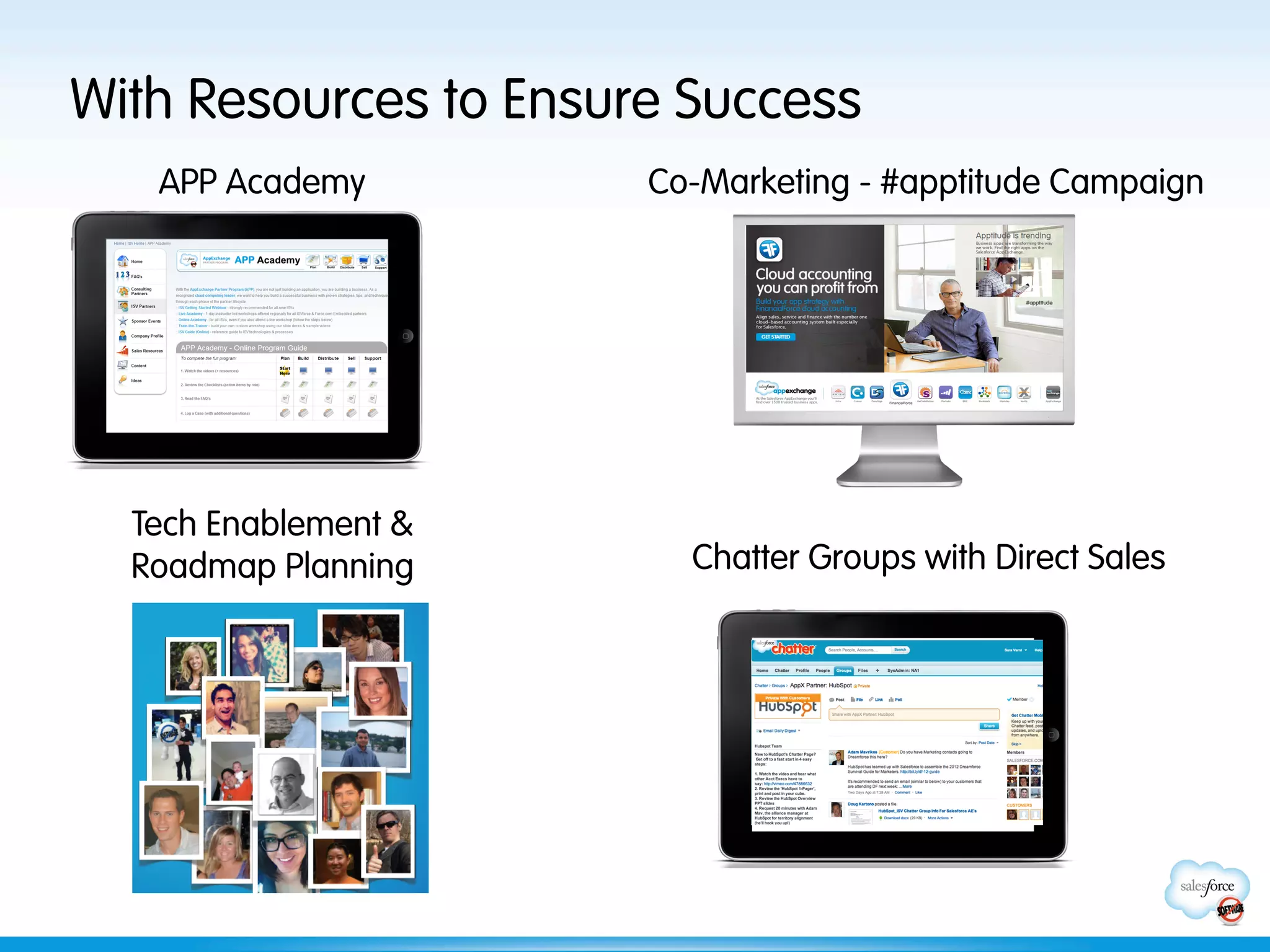With Resources to Ensure Success
   APP Academy         Co-Marketing - #apptitude Campaign




  Tech Enablement &
  Roadmap Planning       Chatter Groups with Direct Sales
 