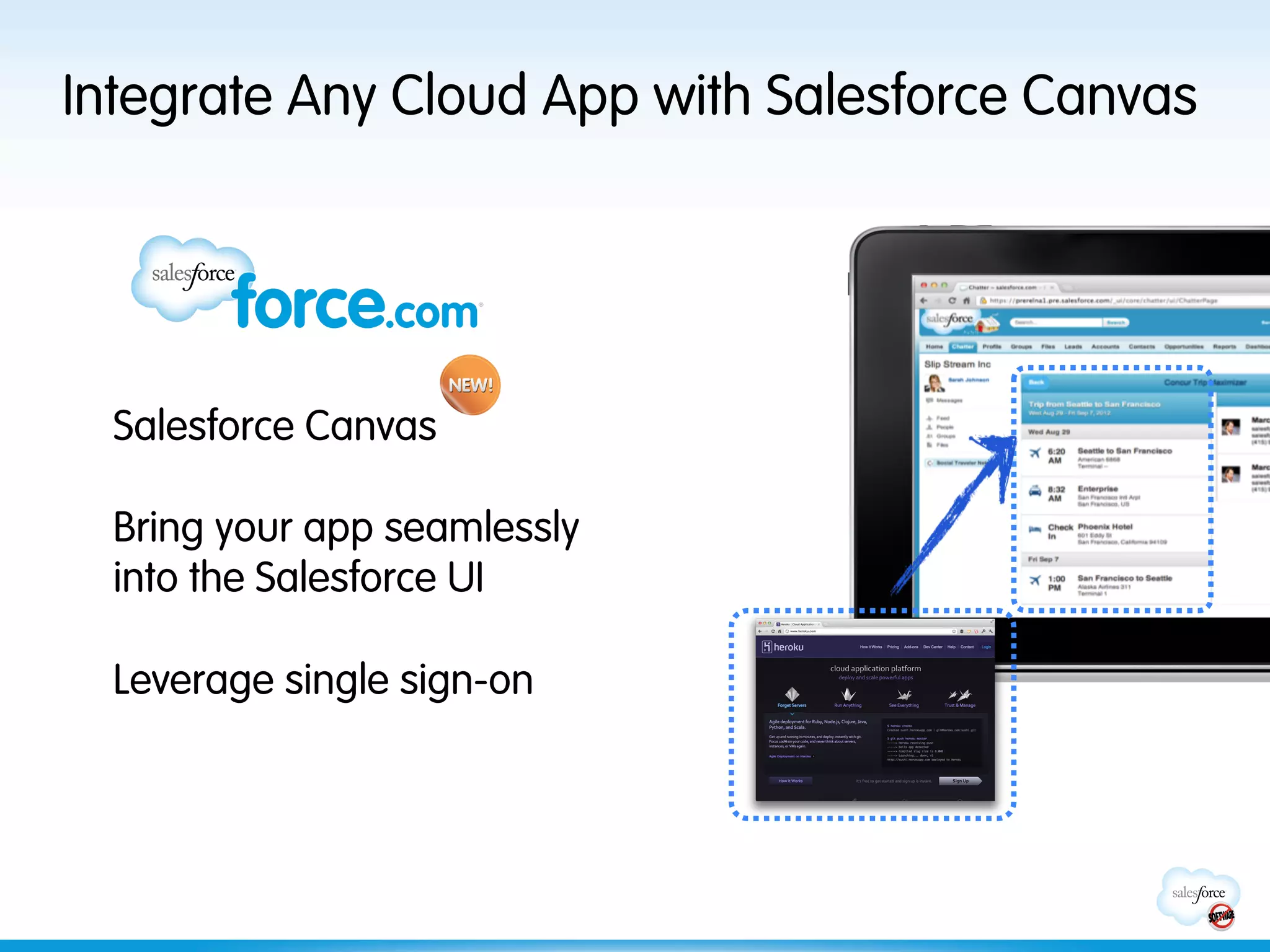 Integrate Any Cloud App with Salesforce Canvas




  Salesforce Canvas

  Bring your app seamlessly
  into the Salesforce UI

  Leverage single sign-on
 