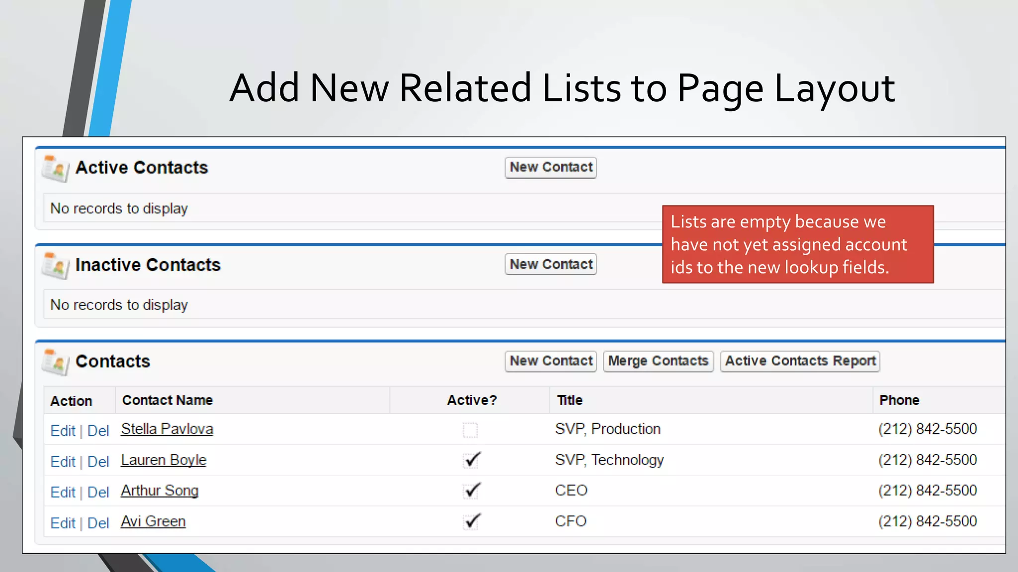 Add New Related Lists to Page Layout
Lists are empty because we
have not yet assigned account
ids to the new lookup fields.
 