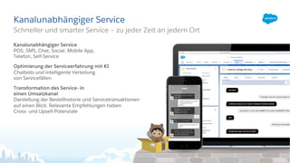 Kanalunabhängiger Service
Kanalunabhängiger Service
POS, SMS, Chat, Social, Mobile App,
Telefon, Self-Service
Optimierung der Serviceerfahrung mit KI
Chatbots und intelligente Verteilung
von Servicefällen
Transformation des Service- in
einen Umsatzkanal
Darstellung der Bestellhistorie und Servicetransaktionen
auf einen Blick. Relevante Empfehlungen heben
Cross- und Upsell-Potenziale
Schneller und smarter Service – zu jeder Zeit an jedem Ort
 