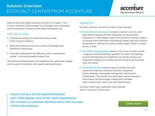 Solution Overview
24 /
Insurers using a service agent dashboard
with a 360-degree view of the client experienced
31% increase in customer retention and a 34% increase
in first-call resolution.
ECONTACT CENTER FROM ACCENTURE
Effective and high-quality customer service is no longer a “nice
to have.” eContact Center enables you to design more meaningful
service touchpoint interactions that affect the bottom line.
THE SOLUTION:
 
Is designed expressly to meet the complex needs
of the insurance industry
 
Balances Accenture’s insurance industry knowledge with
Salesforce’s technology
 
Promotes collaboration and efficiency with a cloud-based,
mobile — and social-enabled product line
The eContact Center replaces the traditional call center with a digital
one focused on customers, their agents and beneficiaries.
BENEFITS
Increase customer care with eContact Center through:
 
Enhanced Customer Service. Achieve customer centricity with
easy data harvesting, efficient responses and personalized
experiences. A 360-degree view of the customer empowers agents
to provide more information and reduces repeat calls and customer
dissatisfaction. Self-service portals enable instant online or mobile
access to data.
 
Cost-Effectiveness  Agility. Based in the cloud, eContact Center
is regularly and automatically updated. The Agile methodology
ensures that features and capabilities are rapidly iterated and
integrated, enabling you to keep up with changing technologies,
scale and needs.
 Enhanced Efficiency. Improve agents’ productivity with
predictive modeling, sensitivity tractions, integrated
holistic desktops, knowledge management and dynamic
collaboration. The solution also eliminates manual processes
and lookups, and encourages collaboration between
sales, underwriting, claims and other departments.
eContact Center was created by Cloud Sherpas,
which is now part of Accenture.
 