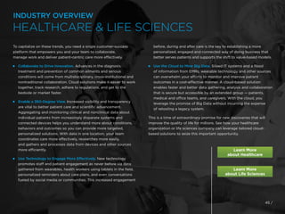 45 /
To capitalize on these trends, you need a single customer-success
platform that empowers you and your team to collaborate,
manage work and deliver patient-centric care more effectively.

Collaborate to Drive Innovation. Advances in the diagnosis,
treatment and prevention of common ailments and serious
conditions will come from multidisciplinary, cross-institutional and
nontraditional collaboration. Cloud solutions make it easier to work
together, track research, adhere to regulations, and get to the
bedside or market faster.

Enable a 360-Degree View. Increased visibility and transparency
are vital to better patient care and scientific advancement.
Aggregating and monitoring clinical and nonclinical data about
individual patients from increasingly disparate systems and
connected devices helps you understand more about conditions,
behaviors and outcomes so you can provide more targeted,
personalized solutions. With data in one location, your team
coordinates care more effectively, researches more easily,
and gathers and processes data from devices and other sources
more efficiently.

Use Technology to Engage More Effectively. New technology
promotes staff and patient engagement as never before via data
gathered from wearables, health workers using tablets in the field,
personalized reminders about care plans, and even conversations
fueled by social media or communities. This increased engagement
before, during and after care is the key to establishing a more
personalized, engaged and connected way of doing business that
better serves patients and supports the shift to value-based models.
 
Use the Cloud to Mine Big Data. Siloed IT systems and a flood
of information from EMRs, wearable technology and other sources
can overwhelm your efforts to monitor and improve patient
outcomes in a cost-effective manner. A cloud-based solution
enables faster and better data gathering, analysis and collaboration
that is secure but accessible by an extended group — patients,
medical and office teams, and caregivers. With the cloud, you
leverage the promise of Big Data without incurring the expense
of retooling a legacy system.
This is a time of extraordinary promise for new discoveries that will
improve the quality of life for millions. See how your healthcare
organization or life sciences company can leverage tailored cloud-
based solutions to seize this important opportunity.
Learn More
about Healthcare
Learn More
about Life Sciences
INDUSTRY OVERVIEW
HEALTHCARE  LIFE SCIENCES
 