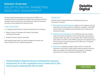 74 /
Solution Overview
Deloitte Digital’s Marketing Resource Management improves
productivity 5% to 10%, accelerates time to market 15% to 30%
and increases marketing ROI 50% to 100%.
Deloitte Digital Marketing Resource Management (MRM) is an
accelerator built on the Salesforce1 platform that empowers CMOs to
manage creative and finances more effectively, optimize marketing
resources, and accelerate the creative process.
THE SOLUTION:
 
Is designed specifically for media and entertainment companies
 
Blends industry knowledge with tested cloud-based
marketing technology
 
Supports industry-specific processes
With Deloitte Digital MRM, you better manage the creative and
practical details of your marketing operation.
BENEFITS
Deloitte Digital Marketing Resource Management gives you
the power to improve:
 
Planning  Financial Management. Support more programs with the
same effort and reduce spend on ineffective campaigns. With MRM
Cloud, bottom-up budgeting and estimating and accurate spend-
tracking are easier.
 
Marketing Asset Management. Cut marketing costs and increase
output with asset management tools that decrease overall agency
spending 10% to 15%, lower cost of rework 70% to 90% and reduce
asset search time 30% to 45%. MRM’s production-management tools
shrink costs for low-result programs 5% to 20% and on unaligned
programs 60% to 90%.
 
Performance. Determine market models based on trends and
forecasts to drive 50% to 200% higher response rates and revenue.
Align your budget with high-performing programs, campaigns
and channels to increase marketing ROI 50% to 100%.
DELOITTE DIGITAL MARKETING
RESOURCE MANAGEMENT
74 /
Solution Overview
 