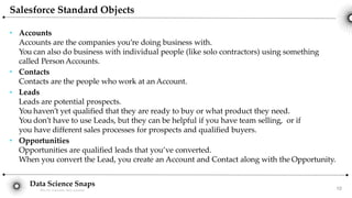 Data Science Snaps
Bits for wannabe data scientist
●
●
●
●
Accounts
Accounts are the companies you’re doing business with.
You can also do business with individual people (like solo contractors) using something
called Person Accounts.
Contacts
Contacts are the people who work at an Account.
Leads
Leads are potential prospects.
You haven’t yet qualified that they are ready to buy or what product they need.
You don’t have to use Leads, but they can be helpful if you have team selling, or if
you have different sales processes for prospects and qualified buyers.
Opportunities
Opportunities are qualified leads that you’ve converted.
When you convert the Lead, you create an Account and Contact along with the Opportunity.
Salesforce Standard Objects
10
 