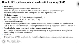 Data Science Snaps
Bits for wannabe data scientist
●
4
●
●
●
●
Sales teams
Sales managers can access reliable information
about the progress of individual team members in achieving their sales targets.
Sales reps can spend more time selling and less time inputting data.
Marketing teams
They can get clear visibility over every opportunity or
lead, and map out the whole customer journey
Customer service teams
Without a common platform for customer interactions, communications can be missed or
lost in the flood of information – leading to an unsatisfactory response to a valued customer.
Supply-chain, procurement and partner management teams
Reporting enables businesses to compare the efficiency of suppliers and so manage their
entire supply chain more effectively.
HR team
They can use CRM to accelerate the recruitment process and track employee performance.
How do different business functions benefit from using CRM?
 