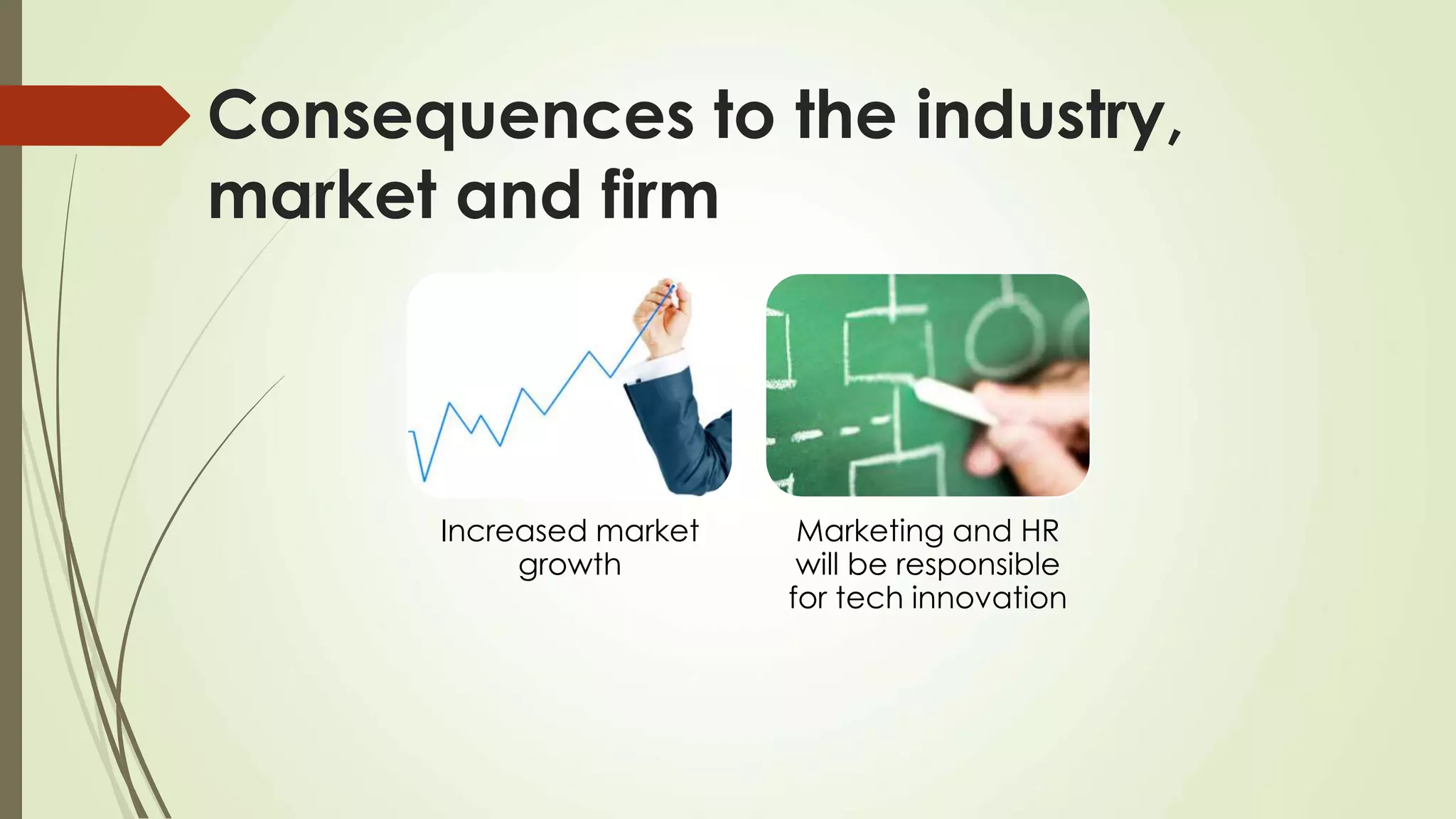 Consequences to the industry,
market and firm
Increased market
growth
Marketing and HR
will be responsible
for tech innovation
 